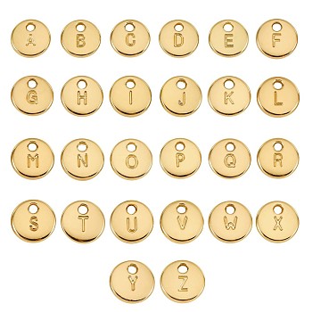 26Pcs Alloy Pendants, Flat Round with Letter A~Z, Golden, 10mm