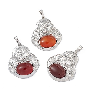 Natural Carnelian Pendants, Buddha Charms, with Platinum Tone Rack Plating Brass Findings, Cadmium Free & Lead Free, 39x32x9.5mm, Hole: 8x4.5mm