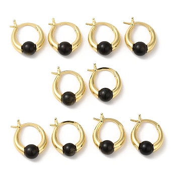 Natural Obsidian Round Beaded Hoop Earrings, Real 18K Gold Plated Brass Jewelry, Cadmium Free & Lead Free, 19x15x6.5mm
