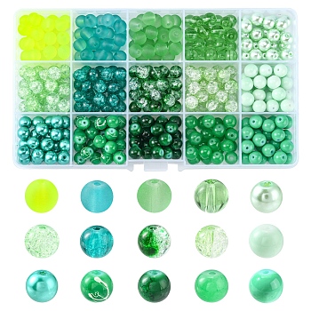 375Pcs 15 Style Glass Beads, Round, Green, 8~9mm, Hole: 1~1.6mm, about 25Pcs/style