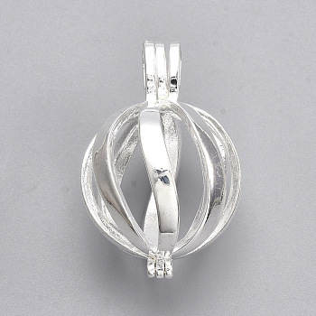 Rack Plating Brass Cage Pendants, For Chime Ball Pendant Necklaces Making, Hollow Round, Silver Color Plated, 34x22.5x22.5mm, Hole: 3x6mm, inner measure: 19mm