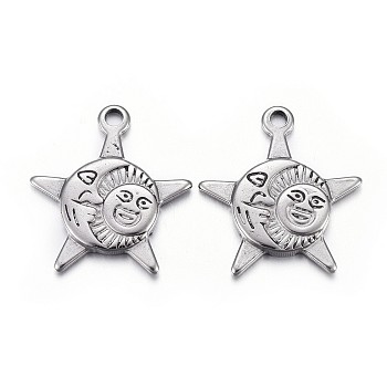 304 Stainless Steel Pendants, Star with Moon and Sun, Antique Silver, 22x20x2mm, Hole: 2mm