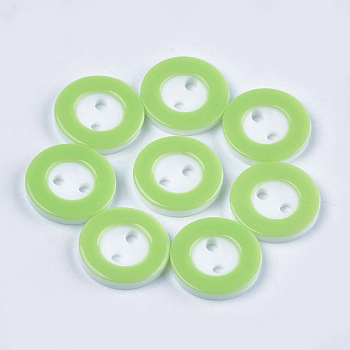 Resin Buttons, 2-Hole, Flat Round, Light Green, 13x2mm, Hole: 1.8mm, about 1000pcs/bag