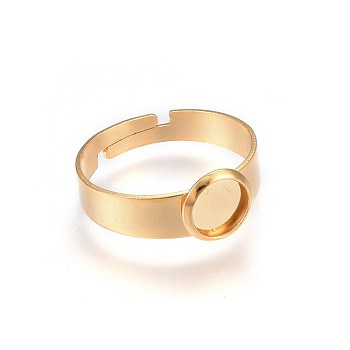 Adjustable 201 Stainless Steel Finger Rings Components, Pad Ring Base Findings, Flat Round, Golden, Size 7, 17~18mm, Inner Size: 6mm
