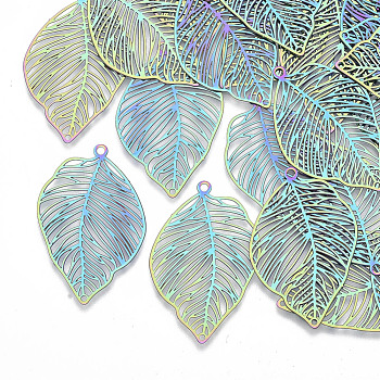 Ion Plating(IP) 201 Stainless Steel Filigree Pendants, Etched Metal Embellishments, Tropical Leaf Charms, Monstera Leaf, Rainbow Color, 37x25x0.3mm, Hole: 1.8mm