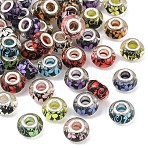 50Pcs Large Hole Flower Pattern Resin European Beads, with Silver Color Plated Brass Double Cores, Rondelle, Mixed Color, 14x9mm, Hole: 5mm(OPDL-YW0001-11)