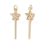 Rack Plating Brass Micro Pave Clear Cubic Zirconia Pendants, with Jump Ring, Cadmium Free & Nickel Free & Lead Free, Star, Real 18K Gold Plated, 26x8.5x2mm, Jump Ring: 4x0.5mm, Inner Diameter: 3mm(X-ZIRC-C040-36G)