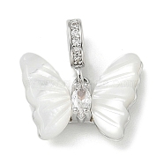 Brass Pave White Shell Butterfly European Dangle Charms, Large Hole Pendants with Clear Cubic Zirconia, Real Platinum Plated, 16.5mm, Hole: 4mm(KK-M308-13P)