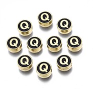 Alloy Enamel Beads, Cadmium Free & Lead Free, Light Gold, Flat Round with Alphabet, Black, Letter.Q, 8x4mm, Hole: 1.5mm(ENAM-N052-006-02Q-RS)
