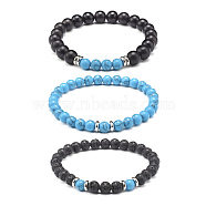 Stretch Bracelets Set for Girl Women, Synthetic Turquoise(Dyed) & Natural Lava Rock & Natural Wood Round Beads Bracelet, Inner Diameter: 2~2-1/8 inch(5~5.3cm), 3pcs/set(BJEW-JB06889)
