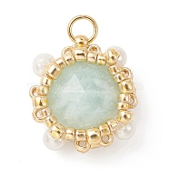 Natural Amazonite Pendants, Faceted Flat Round Charms with TOHO Round Seed Beads and Round Shell Pearl Beads Wrapped, Real 18K Gold Plated, 15x13.5x6.5mm, Hole: 2.6mm(PALLOY-MZ00170-01)