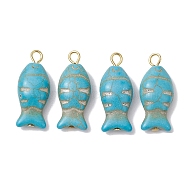 Synthetic Turquoise Pendants, Fish Charms with Golden Plated Iron Loops, 28~28.5x12~12.5x7~7.5mm, Hole: 2.5mm(PALLOY-JF02655)
