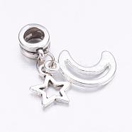 Tibetan Style Alloy European Dangle Charms, Star & Moon, Antique Silver, 29mm, Hole: 4.5mm(X-PALLOY-JF00331)