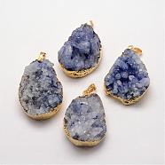 Electroplate Natural Druzy Quartz Crystal Pendants, Dyed, with Golden Plated Brass Finding, Drop, Slate Blue, 32~62x20~35x16~29mm, Hole: 5x8.5mm(G-F333-K04)