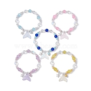 Glass & ABS Plastic Imitation Pearl Beaded Stretch Bracelet, with Starfish & Fishtail Charms, Mixed Color, Inner Diameter: 2-1/8 inch(5.5cm)(BJEW-JB09747)