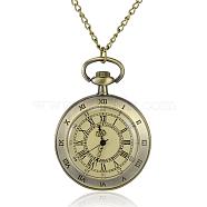 Flat Round Alloy Quartz Pocket Watches, with Iron Chains and Lobster Claw Clasps, Antique Bronze, 31.4 inch, Watch Head: 65x47x13mm, Watch Face: 35mm(WACH-N039-07AB)