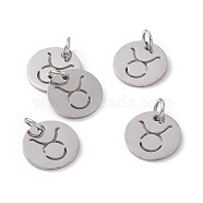 304 Stainless Steel Charms, Flat Round with Constellation/Zodiac Sign, Taurus, 12x1mm, Hole: 3mm(STAS-Q201-T445-2S)
