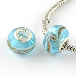 Rondelle Handmade Gold Sand Lampwork European Large Hole Beads, with Silver Color Plated Brass Cores, Light Sky Blue, 14x9~10mm, Hole: 5mm(X-LPDL-R007-07B)