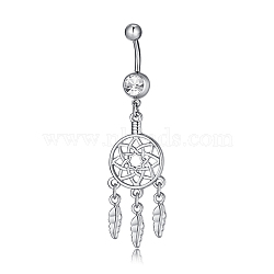 Piercing Jewelry, Brass Cubic Zirconia Navel Ring, Belly Rings, with 304 Stainless Steel Bar, Lead Free & Cadmium Free, Flower with Leaf, Clear, Platinum, 66x17mm, Bar Length: 3/8"(10mm), Bar: 14 Gauge(1.6mm)(AJEW-EE0002-12P)