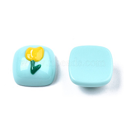 Opaque Resin Enamel Cabochons, Square with Gold Flower, Pale Turquoise, 15x15x8.5mm(CRES-N031-031)