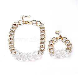 Aluminum Curb Chain Jewelry Sets, Bracelets & Necklaces, with Transparent Acrylic Linking Rings Rhinestone Settings and Brass Spring Ring Clasps, Light Gold, 7-1/2 inch(19cm), 15.94 inch(40.5cm)(SJEW-JS01095)