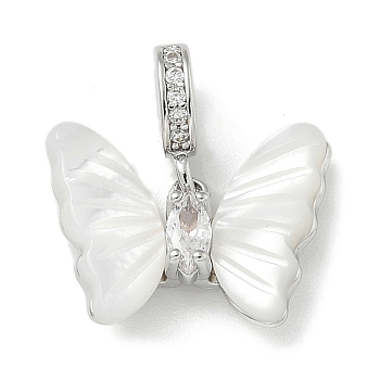 Brass Pave White Shell Butterfly European Dangle Charms, Large Hole Pendants with Clear Cubic Zirconia, Real Platinum Plated, 16.5mm, Hole: 4mm