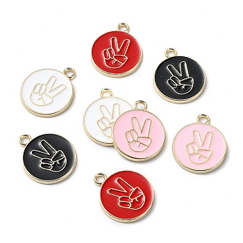 Rack Plating Alloy Enamel Pendants, Nickel Free, Flat Round with Victory Gesture Charm, Golden, Mixed Color, 18x15x1.5mm, Hole: 1.6mm