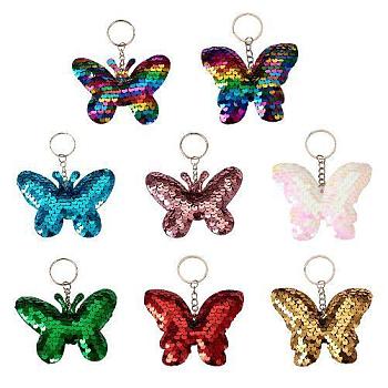 8Pcs 8 Colors Reflective Sequin Butterfly Pendant Keychain, with Platinum Plated Iron Findings, for Car Keychain Bag Ornament, Mixed Color, 10.7cm, 1pc/color