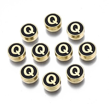 Alloy Enamel Beads, Cadmium Free & Lead Free, Light Gold, Flat Round with Alphabet, Black, Letter.Q, 8x4mm, Hole: 1.5mm