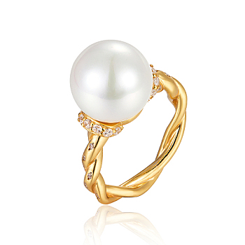 925 Sterling Silver Wire Wrapped Finger Ring with Imitation Pearl, Golden, Inner Diameter: 17mm