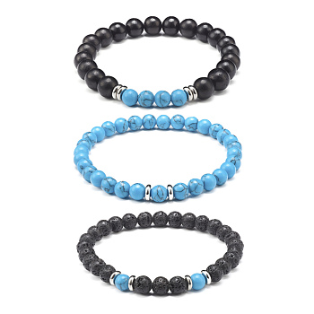 Stretch Bracelets Set for Girl Women, Synthetic Turquoise(Dyed) & Natural Lava Rock & Natural Wood Round Beads Bracelet, Inner Diameter: 2~2-1/8 inch(5~5.3cm), 3pcs/set