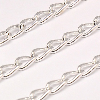 Electroplate Brass Teardrop Twisted Chains Curb Chains, Soldered, with Spool, Silver, 7x3x2mm, about 164.04 Feet(50m)/roll