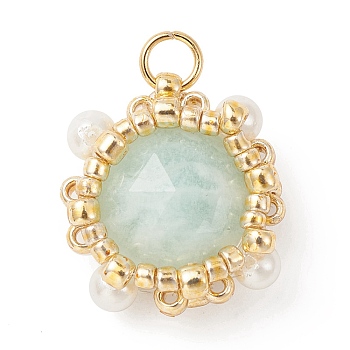 Natural Amazonite Pendants, Faceted Flat Round Charms with TOHO Round Seed Beads and Round Shell Pearl Beads Wrapped, Real 18K Gold Plated, 15x13.5x6.5mm, Hole: 2.6mm