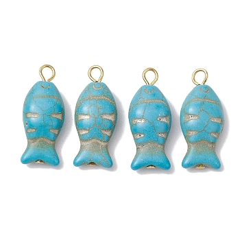 Synthetic Turquoise Pendants, Fish Charms with Golden Plated Iron Loops, 28~28.5x12~12.5x7~7.5mm, Hole: 2.5mm
