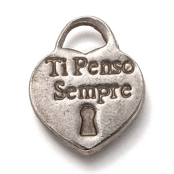 Valentine's Day 304 Stainless Steel Pendants, Heart Lock with Word Ti Penso Sempre, Stainless Steel Color, 20.5x16.5x2.5mm, Hole: 4.5x6mm