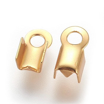 Ion Plating(IP) 304 Stainless Steel Folding Crimp Ends, Fold Over Crimp Cord Ends, Real 18K Gold Plated, 8x4mm, Hole: 2mm, Inner Diameter: 3mm