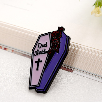 Halloween Theme Enamel Pin, Alloy Brooch for Backpack Clothes, Coffin with Rose, Dark Blue, 30x21mm