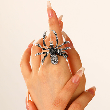 Plastic Beads Finger Rings, Alloy Spider Rings for Women, Antique Silver, US Size 3(14mm)