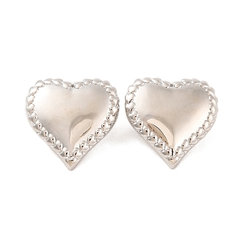 Brass Stud Earrings for Women, Lead Free & Cadmium Free, Heart, Platinum, 30.5x30.5mm