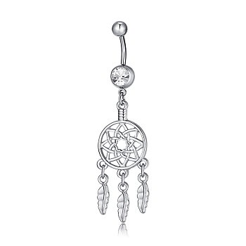 Piercing Jewelry, Brass Cubic Zirconia Navel Ring, Belly Rings, with 304 Stainless Steel Bar, Lead Free & Cadmium Free, Flower with Leaf, Clear, Platinum, 66x17mm, Bar Length: 3/8"(10mm), Bar: 14 Gauge(1.6mm)