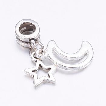 Tibetan Style Alloy European Dangle Charms, Star & Moon, Antique Silver, 29mm, Hole: 4.5mm