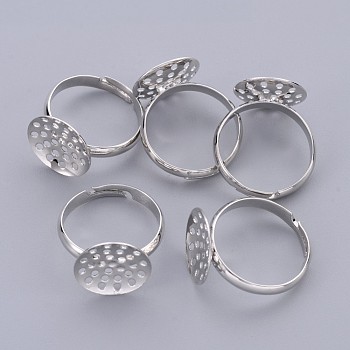 Brass Sieve Ring Bases, Adjustable, Lead Free, Cadmium Free and Nickel Free, Platinum Color, Ring: 17mm inner diameter, 3mm wide, Round Tray, 14mm in diameter