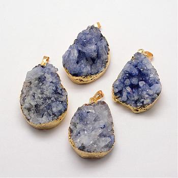 Electroplate Natural Druzy Quartz Crystal Pendants, Dyed, with Golden Plated Brass Finding, Drop, Slate Blue, 32~62x20~35x16~29mm, Hole: 5x8.5mm