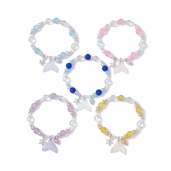 Glass & ABS Plastic Imitation Pearl Beaded Stretch Bracelet, with Starfish & Fishtail Charms, Mixed Color, Inner Diameter: 2-1/8 inch(5.5cm)