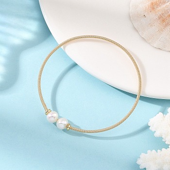 Natural Cultured Freshwater Pearl Potato Torque Bangles, Open Cuff Bangles with Steel Memory Wire and Copper French Wire, Floral White, Real 18K Gold Plated, Inner Diameter: 2.15 inch(5.45cm)