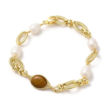 Oval Natural Tiger Eye & Pearl Link Bracelets, with Brass Oval Link Chains, Real 14K Gold Plated, 7-1/4 inch(18.5cm)