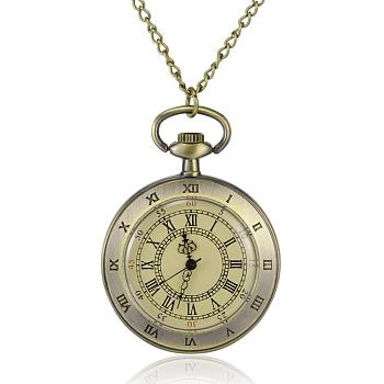 Flat Round Alloy Quartz Pocket Watches, with Iron Chains and Lobster Claw Clasps, Antique Bronze, 31.4 inch, Watch Head: 65x47x13mm, Watch Face: 35mm