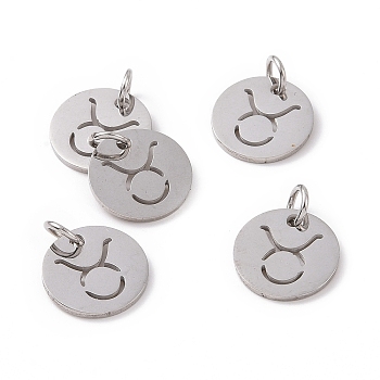 304 Stainless Steel Charms, Flat Round with Constellation/Zodiac Sign, Taurus, 12x1mm, Hole: 3mm
