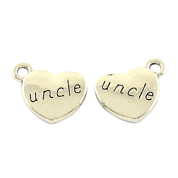 Tibetan Style Alloy Family Charms, Heart with Word Uncle, Cadmium Free & Lead Free, Antique Silver, 13x15x3mm, Hole: 3mm