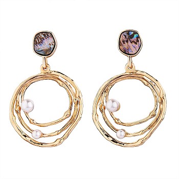Abalone Shell Earrings Studs for Women, Brass Shell Pearl Beads Dangle Earrings Jewelry Gift for Birthday, Golden, 50x31mm, Pin: 0.7mm